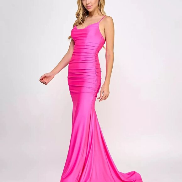 B Darlin Juniors' Shirred Gown Neon Pink - Picture 3 of 5